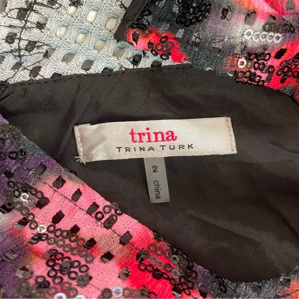 Trina‎ Turk Floral Sequin Party Dress Black Pink 3/4 Sleeves Size 2 Dressy - Picture 9 of 13